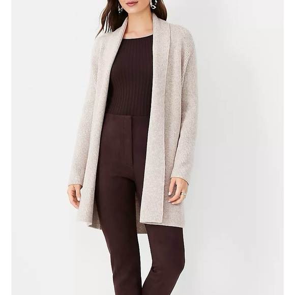 Ann Taylor | Shawl Collar Coatigan Open Front Oatmeal Knit Relaxed Cardigan - Picture 15 of 15